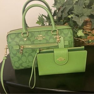 Authentic Coach Rowan satchel and matching wallet in limited edition green.